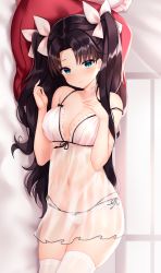 Rule 34 | 1girl, absurdres, bare shoulders, black hair, blue eyes, breasts, chemise, choker, cleavage, closed mouth, fate/stay night, fate (series), hair ribbon, hand on own chest, highres, large breasts, lingerie, long hair, looking at viewer, lying, multi-strapped panties, navel, on side, panties, parted bangs, pillow, ribbon, ribbon choker, see-through, shouu-kun, side-tie panties, smile, solo, stomach, thighhighs, tohsaka rin, two side up, underwear, underwear only, white panties, white thighhighs