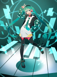 Rule 34 | 1girl, absurdres, adapted costume, black pantyhose, buttons, collared shirt, drill hair, full body, green eyes, green hair, green jacket, green nails, hand in pocket, hatsune miku, headphones, highres, jacket, leg up, legs apart, letterman jacket, lips, long hair, long sleeves, looking at viewer, nail polish, open clothes, open jacket, open mouth, pantyhose, red nails, shirt, shoelaces, smile, solo, standing, standing on one leg, sumino akasuke, teeth, twin drills, twintails, upper teeth only, v, very long hair, vocaloid, w, white shirt, wing collar