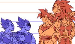 Rule 34 | 6+boys, annoyed, arm up, armor, bardock, beard, black eyes, blue theme, brothers, clenched hand, cowboy shot, crossed arms, dougi, dragon ball, dragonball z, facial hair, father and son, gloves, hand on own hip, happy, height difference, king vegeta, long hair, looking at another, looking away, male focus, monochrome, multiple boys, orange theme, raditz, scouter, serious, shaded face, siblings, simple background, smile, son goku, spiked hair, spr (kimagurekaido), sweatdrop, tail, tarble, teeth, upper body, vegeta, very long hair, white background, white theme, wristband