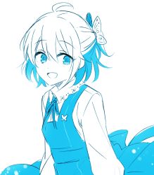 Rule 34 | 1girl, 6 (yuchae), :d, antenna hair, blue dress, blue eyes, blue hair, blue theme, dress, hair between eyes, hair ornament, honkai (series), honkai impact 3rd, long sleeves, looking at viewer, monochrome, open mouth, seele vollerei, short hair, simple background, sketch, smile, solo, white background