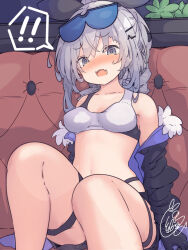 Rule 34 | !, 1girl, @ @, bare shoulders, beni shake, black gloves, black jacket, blush, bow, breasts, couch, drill hair, drill ponytail, eyewear on head, fur-trimmed jacket, fur trim, gloves, goggles, goggles on head, grey eyes, grey hair, hair between eyes, hair bow, hair ornament, hairclip, highres, honkai: star rail, honkai (series), jacket, looking at viewer, medium breasts, navel, open mouth, ponytail, silver wolf (honkai: star rail), single drill, sitting, spoken exclamation mark, thigh strap, tinted eyewear