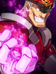 Rule 34 | 1boy, aura, capcom, edwin huang, empty eyes, evil grin, evil smile, glowing, glowing hand, grey hair, grin, looking at viewer, m. bison, male focus, official art, smile, solo, street fighter, street fighter v, upper body
