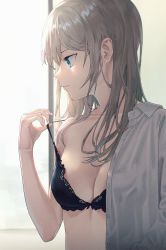 Rule 34 | 1girl, absurdres, black bra, blue eyes, bra, breasts, cleavage, commentary request, grey hair, grey shirt, has bad revision, has downscaled revision, highres, huge filesize, long hair, md5 mismatch, original, profile, resolution mismatch, shichi (ratorin53), shirt, small breasts, solo, source smaller, strap pull, underwear, upper body