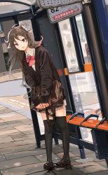 Rule 34 | 1girl, absurdres, ahoge, animal ears, arknights, auguste, bag, bench, black footwear, black thighhighs, bow, bowtie, brown cardigan, brown hair, building, bus stop, bus stop sign, cardigan, chinese commentary, cobblestone, collared shirt, commentary request, day, dutch angle, eyjafjalla (arknights), full body, goat ears, goat horns, gradient hair, grey hair, grey shirt, grey skirt, highres, holding, holding bag, horns, leaning forward, loafers, long hair, long sleeves, looking at viewer, multicolored hair, neck ribbon, open mouth, outdoors, pink eyes, pleated skirt, red bow, red bowtie, ribbon, road, school bag, school uniform, shirt, shoes, skirt, sleeves past wrists, smile, solo, street, thighhighs
