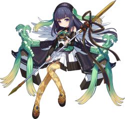 Rule 34 | 1girl, arm warmers, black hair, full body, hairband, holding, holding polearm, holding spear, holding weapon, looking at viewer, matsue (oshiro project), official art, oshiro project:re, oshiro project:re, polearm, purple eyes, skirt, smile, solo, spear, standing, transparent background, weapon, white skirt, yuu (higashi no penguin)