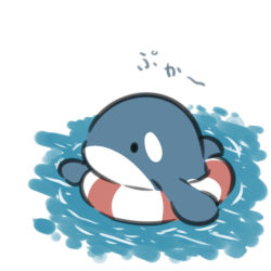 Rule 34 | afloat, animal, beni shake, chibi, commentary request, innertube, looking away, no humans, original, solid circle eyes, striped, swim ring, translation request, water, whale, white background