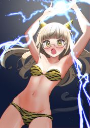 Rule 34 | 1girl, absurdres, animal print, armpits, arms up, blonde hair, blue background, blush, breasts, cleavage, collarbone, fake horns, glasses, groin, highres, horns, huge filesize, kuroniko, lightning, long hair, looking at viewer, navel, oni costume, oni horns, open mouth, perrine h. clostermann, setsubun, shiny skin, simple background, skindentation, small breasts, solo, strike witches, sweat, tiger print, world witches series, yellow eyes