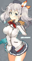 Rule 34 | 10s, 1girl, bespectacled, breasts, commentary request, cowboy shot, epaulettes, female focus, frilled sleeves, frills, glasses, hair ribbon, hat, highres, kantai collection, kashima (kancolle), large breasts, long hair, military, military uniform, miniskirt, naitou ryuu, pleated skirt, ribbon, grey eyes, silver hair, skirt, solo, twitter username, two side up, uniform