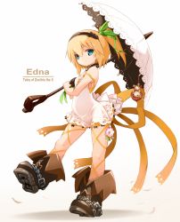 Rule 34 | 10s, 1girl, black neckwear, blonde hair, blue eyes, blush, boots, character name, choker, commentary request, dress, edna (tales), gloves, hair ribbon, hairband, highres, karukan (monjya), leg ribbon, looking at viewer, md5 mismatch, normin (tales), ribbon, short hair, side ponytail, single glove, solo, tales of (series), tales of zestiria, tress ribbon, umbrella, white dress