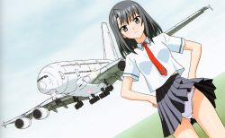Rule 34 | 1girl, absurdres, aircraft, airplane, artbook, black hair, blue skirt, blush, brown eyes, closed mouth, cloud, cloudy sky, collared shirt, crotch seam, dutch angle, gluteal fold, hands on own hips, highres, looking at viewer, medium hair, necktie, original, panties, pantyshot, pleated skirt, red necktie, shirt, short sleeves, skirt, sky, solo, standing, thighs, underwear, uniform, white panties, white shirt, wind, wind lift, yamauchi noriyasu