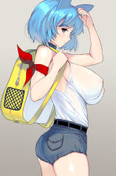 Rule 34 | 1girl, animal ears, ass, backpack, bag, bare shoulders, blue eyes, blue hair, blush, breasts, cat ears, collar, covered erect nipples, cutoffs, denim, denim shorts, gradient background, highres, kouno (masao), large breasts, looking at viewer, no bra, original, see-through, short hair, short shorts, shorts, simple background, solo, tank top