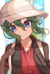 Rule 34 | 1girl, aged up, backpack, bag, blue eyes, collarbone, commentary request, elbow gloves, gloves, green hair, hat feather, helmet, highres, holding strap, jacket, kaban (kemono friends), kemono friends, kemono friends 2, long hair, long sleeves, multicolored hair, pith helmet, seiramaru77, smile, solo, upper body