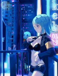 Rule 34 | 1girl, balcony, blue eyes, blue hair, breasts, chiemo (xcem), city, city lights, crop top, facing to the side, fence, g-string, indie virtual youtuber, looking to the side, medium breasts, muusan, night, short hair, short shorts, shorts, solo, standing, thong, virtual youtuber