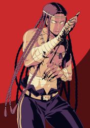 Rule 34 | 1boy, braid, dark skin, face paint, fate/grand order, fate (series), geronimo (fate), highres, knife, long hair, male focus, muscular, native american, rokkotsu, serious, topless male, solo, weapon