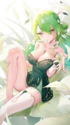 Rule 34 | 1girl, absurdres, antlers, bare shoulders, branch, breasts, ceres fauna, ceres fauna (1st costume), cleavage, collarbone, dress, flower, green dress, green hair, green nails, hair flower, hair ornament, highres, holding, holding flower, hololive, hololive english, horns, jewelry, large breasts, leaf, looking at viewer, mole, mole under eye, open hand, parted lips, ring, short dress, single thighhigh, sitting, solo, somebody (leiking00), thighhighs, virtual youtuber, white flower, white thighhighs, yellow eyes