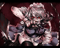Rule 34 | 1girl, blood, braid, breasts, colorized, female focus, grin, izayoi sakuya, large breasts, maid, panties, pocket watch, red eyes, shimo (depthbomb), silver hair, smile, solo, embodiment of scarlet devil, thighhighs, touhou, twin braids, underwear, uousa-ou, watch
