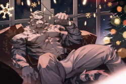 Rule 34 | 1boy, abs, amo (amo9612), animal ears, arknights, bara, belt, black belt, bulge, chest hair, christmas, christmas tree, couch, feet out of frame, furry, furry male, gluteal fold, large pectorals, light smile, male focus, mountain (arknights), muscular, navel, night, night sky, no nipples, pants, pectorals, scar, scar across eye, scar on chest, scar on face, short hair, sitting, sky, snowflakes, solo, spread legs, tail, thick thighs, thighs, tiger boy, tiger ears, tiger stripes, tiger tail, topless male, white fur, white hair, white pants