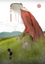 1boy backpack bag bird black_hair child field flock giant grass hat highres illustrator_kota landscape long_arms monk original randoseru red_robe red_sun robe shirt short_hair sky standing sun surreal tassel veil white_sky