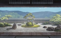 Rule 34 | architecture, bush, choc0 (oda0208), cloud, cobblestone, courtyard, day, east asian architecture, highres, mountain, no humans, original, revision, rock, rock garden, scenery, sky, sliding doors, tile roof, tree, wooden floor, wooden wall