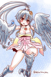 Rule 34 | 1girl, :d, bare shoulders, blue background, blue hair, blush, brown eyes, claws, convenient censoring, dress, feathers, flower, flying, hair flower, hair ornament, harpy, head tilt, jewelry, knee up, long hair, monster girl, monster musume no iru nichijou, monster musume no iru nichijou online, necklace, open mouth, pink dress, ponytail, shake-o, smile, solo, twitter username, winged arms, wings