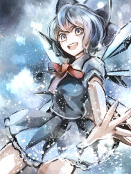 Rule 34 | 1girl, bad id, bad pixiv id, blue dress, blue eyes, blue hair, bow, cirno, dress, grey eyes, hair bow, ice, ice wings, jan (lightdragoon), matching hair/eyes, open mouth, puffy short sleeves, puffy sleeves, shirt, short sleeves, silver hair, smile, solo, touhou, wings