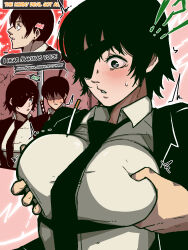 Rule 34 | !?, 1boy, 1girl, black hair, black jacket, blush, grabbing another&#039;s breast, breasts, chainsaw man, cigarette, collared shirt, commentary, english commentary, english text, eyepatch, grabbing, grabbing from behind, groping, hayakawa aki, highres, himeno (chainsaw man), jacket, large breasts, mark gavatino, mind control, misunderstanding, necktie, shirt, short hair, speech bubble, surprised, sword, weapon, weapon on back, white shirt, wing collar