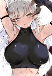 Rule 34 | 1girl, :o, arknights, arm strap, armpits, arms behind head, bandaid, bandaid on cheek, bandaid on face, blush, breasts, brown horns, commentary, grey hair, heavy breathing, highres, horns, kyuu (plastic night q), large breasts, long hair, looking at viewer, orange eyes, saria (arknights), simple background, solo, sweat, tail, upper body, white background