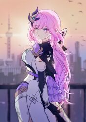 Rule 34 | 1girl, absurdres, bird, blue eyes, blurry, blurry background, breasts, building, closed mouth, clothing cutout, depth of field, detached sleeves, elf, elysia (honkai impact), elysia (miss pink elf) (honkai impact), hair between eyes, highres, honkai (series), honkai impact 3rd, lingzhongzou, long hair, long sleeves, looking at viewer, pink hair, pointy ears, shirt, side cutout, smile, solo, sunset, too many, too many birds, very long hair, white shirt