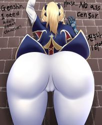 Rule 34 | 1girl, artist request, ass, bad id, bad pixiv id, blonde hair, bow, cameltoe, capelet, cleft of venus, climbing, english text, from behind, from below, genshin impact, gloves, hair bow, highres, huge ass, jean (genshin impact), long hair, multicolored capelet, pants, ponytail, solo, wall