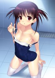 Rule 34 | 1girl, :o, bare shoulders, blush, brown hair, flat chest, highres, kneeling, one-piece swimsuit, pale skin, red eyes, saki (manga), school swimsuit, shiny clothes, skindentation, solo, strap pull, strap slip, suzume inui, swimsuit, thighhighs, usuzumi hatsumi