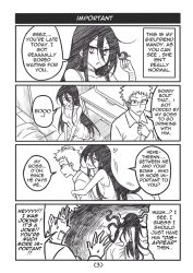 Rule 34 | 1boy, 1girl, 4koma, bed, black hair, breasts, comic, english text, glasses, greyscale, twirling hair, heart, jitome, long hair, monochrome, original, peach88, scar, scar on arm, television, yandere