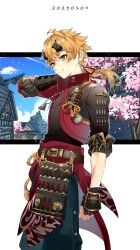 Rule 34 | 1boy, armor, black gloves, black headband, blonde hair, blush, building, cha hanare, cherry blossoms, closed mouth, cloud, dated, dog tags, ear piercing, fingerless gloves, genshin impact, gloves, green eyes, hair between eyes, headband, highres, japanese armor, japanese clothes, male focus, outdoors, petals, piercing, ponytail, sky, solo, tassel, thoma (genshin impact), tree