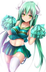 Rule 34 | 1girl, aqua hair, bare shoulders, blush, breasts, cheerleader, fate/grand order, fate (series), horns, kiyohime (fate), long hair, looking at viewer, low twintails, medium breasts, midriff, navel, pom pom (cheerleading), sandals, sen (astronomy), simple background, skirt, smile, solo, thighhighs, twintails, white background, white thighhighs, yellow eyes