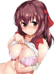 Rule 34 | 10s, 1girl, bare arms, bare shoulders, bra, bra pull, breasts, brown eyes, cleavage, closed mouth, clothes lift, clothes pull, girls und panzer, headband, kondou taeko, large breasts, lifted by self, long hair, looking at viewer, navel, pink bra, pulled by self, purple hair, shirt lift, smile, solo, stomach, tareme, teasing, terazip, underwear, upper body