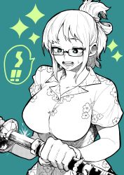Rule 34 | 1girl, absurdres, aqua background, blue background, breasts, glasses, gloves, greyscale, greyscale with colored background, highres, holding, holding sword, holding weapon, katana, large breasts, monochrome, one piece, open mouth, ponytail, shirt, simple background, solo, sparkle, sparks, sword, tashigi, weapon, yotsumi shiro