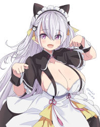 Rule 34 | 1girl, animal ears, breasts, cleavage, collarbone, dated, hair between eyes, hair ornament, hair ribbon, highres, hourei tenten, kichihachi, large breasts, long hair, looking at viewer, maid headdress, melty+, mole, mole on breast, mole under eye, purple eyes, ribbon, simple background, solo, twitter username, virtual youtuber, white background, white hair, yellow ribbon