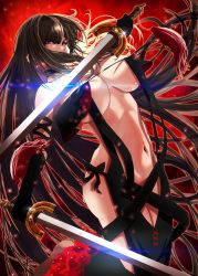 Rule 34 | 1girl, absurdres, arm strap, bare shoulders, black dress, black gloves, blush, breasts, brown eyes, brown hair, center opening, choker, cleavage, collarbone, dress, earrings, elbow gloves, fate/grand order, fate (series), gloves, highres, holding, holding sword, holding weapon, jewelry, large breasts, long hair, looking at viewer, multiple earrings, navel, red eyes, revealing clothes, ribbon-trimmed dress, shibao aoyama, solo, sword, thighs, very long hair, weapon, yu mei-ren (fate)