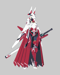 Rule 34 | 1girl, absurdres, animal ears, armor, blonde hair, fox ears, fox mask, grey background, highres, jhcrow3, joints, machine, mask, mecha musume, original, robot joints, sword, weapon
