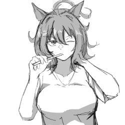 Rule 34 | 1girl, absurdres, agnes tachyon (umamusume), ahoge, animal ears, breasts, commentary request, greyscale, hair between eyes, highres, holding, holding toothbrush, horse ears, horse girl, looking at viewer, medium breasts, messy hair, miya nns35, monochrome, one eye closed, shirt, short hair, short sleeves, simple background, sketch, solo, toothbrush, umamusume, upper body, waking up, white background