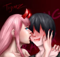 Rule 34 | 10s, 1boy, 1girl, black hair, black shirt, blue eyes, blush, cheek pull, clothed male nude female, commentary, couple, darling in the franxx, fangs, hair ornament, hairband, hand on another&#039;s face, hand on another&#039;s shoulder, hetero, highres, hiro (darling in the franxx), horns, licking, licking another&#039;s face, long hair, nail, nail polish, no eyes, nude, oni horns, pink hair, red horns, red nails, shirt, short hair, sweat, tongue, tongue out, user vnnn4573, white hairband, zero two (darling in the franxx)