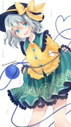 Rule 34 | 1girl, :d, black hat, blouse, bow, floral print, green eyes, green skirt, grey hair, hat, hat bow, heart, heart of string, highres, koishi day, komeiji koishi, looking at viewer, open mouth, rose print, shirt, short hair, simple background, skirt, smile, solanikieru, solo, teeth, third eye, touhou, twitter username, upper teeth only, white background, yellow bow, yellow shirt