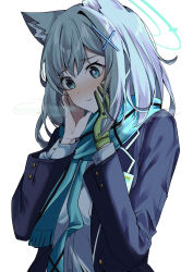 Rule 34 | 1girl, 3:, absurdres, animal ear fluff, animal ears, black jacket, blazer, blue archive, blue eyes, blue necktie, blue scarf, blush, buttoned cuffs, buttons, collared shirt, commentary request, cross hair ornament, embarrassed, gloves, green gloves, grey hair, hair between eyes, hair ornament, halo, hands on own cheeks, hands on own face, highres, jacket, long sleeves, medium hair, mismatched pupils, necktie, pokarii zuu, scarf, school uniform, shiroko (blue archive), shirt, sidelocks, simple background, single glove, solo, two-tone gloves, white background, white shirt, wolf ears, wolf girl