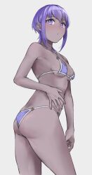 Rule 34 | 1girl, alternate costume, arm at side, ass, bikini, blush, breasts, butt crack, cowboy shot, dark-skinned female, dark skin, fate/grand order, fate (series), from behind, grey background, hand on own stomach, hand up, hassan of serenity (fate), highres, hyakuashi2525, looking at viewer, looking back, micro bikini, purple bikini, purple eyes, purple hair, short hair, simple background, small breasts, solo, swimsuit, water drop, white trim