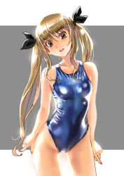 Rule 34 | 1girl, blue one-piece swimsuit, breasts, brown eyes, brown hair, clothes writing, collarbone, commentary request, competition swimsuit, cowboy shot, grey background, hair ribbon, katahira masashi, lips, long hair, looking at viewer, nail polish, one-piece swimsuit, original, parted lips, ribbon, shiny clothes, small breasts, solo, standing, swimsuit, two-tone background, white background