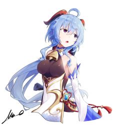 Rule 34 | 1girl, ahoge, bare shoulders, bell, black gloves, blue hair, bodysuit, breasts, brown bodysuit, commentary request, cowbell, detached sleeves, ganyu (genshin impact), genshin impact, gloves, goat horns, highres, horns, long hair, looking to the side, looking up, medium breasts, open mouth, overlord (overlord80000), red eyes, signature, simple background, solo, upper body, white background
