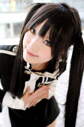 Rule 34 | 1girl, asian, black hair, blue eyes, breasts, color contacts, cosplay, d.gray-man, dress, kipi-san, lenalee lee, lenalee lee (cosplay), long hair, looking at viewer, petite, photo (medium), short dress, small breasts, smile, solo, twintails, uniform