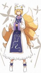 Rule 34 | 1girl, ^ ^, blonde hair, closed eyes, dress, closed eyes, female focus, fox tail, hands in opposite sleeves, hat, hat with ears, long sleeves, multiple tails, shibasaki shouji, short hair, smile, solo, standing, tabard, tail, touhou, white dress, wide sleeves, yakumo ran