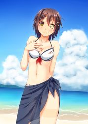 Rule 34 | 10s, 1girl, alternate costume, arm behind back, bare arms, bare shoulders, beach, bikini, breasts, brown eyes, brown hair, cleavage, closed mouth, cloud, commentary request, day, furutaka (kancolle), hair between eyes, hair ornament, hairclip, hand on own chest, heterochromia, highres, kantai collection, looking at viewer, medium breasts, navel, noronosuke, ocean, outdoors, sand, sarong, short hair, sky, solo, standing, swimsuit, water, yellow eyes