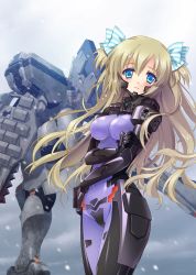 Rule 34 | 1girl, blonde hair, blue eyes, blush, bodysuit, bow, breasts, carnelian, covered navel, emblem, glowing, hair bow, highres, holding own arm, liz hohenstein, long hair, looking at viewer, mecha, medium breasts, mig-23 cheburaskha (muv-luv), muv-luv, muv-luv alternative, non-web source, official art, open mouth, outdoors, pilot suit, ribbon, robot, schwarzesmarken, skin tight, snow, standing, tears, two side up