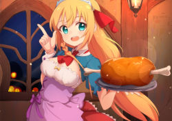 Rule 34 | 1girl, :d, ame., apron, ascot, blonde hair, blue eyes, blush, boned meat, breasts, cleavage, commentary request, food, hair between eyes, hands up, holding, holding tray, index finger raised, indoors, long hair, meat, medium breasts, night, open mouth, pecorine (princess connect!), princess connect!, puffy short sleeves, puffy sleeves, purple apron, red ascot, red skirt, round teeth, short sleeves, shrug (clothing), skirt, smile, solo, teeth, tiara, tray, upper teeth only, very long hair, waist apron, wall lamp, window, wrist cuffs